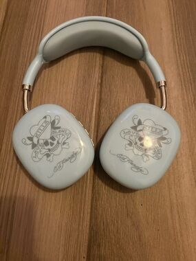 Ed Hardy Pale Blue Over-Ear Headphones with Skull Graphic